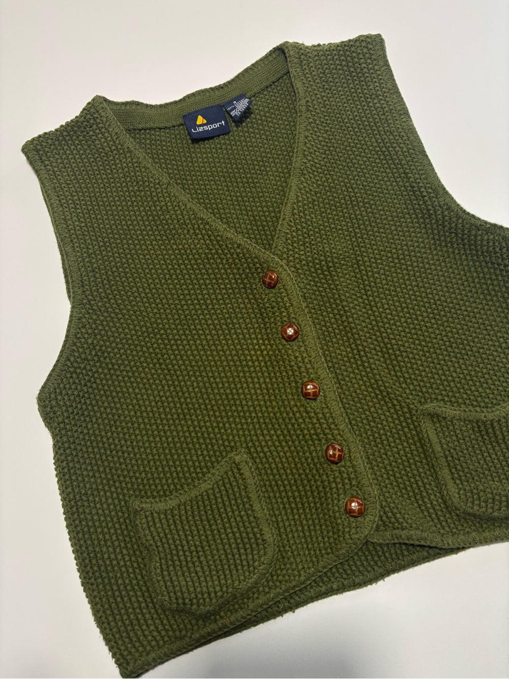 Liz Sport Green Cottagecore Vintage Cable Knit Cotton Sweater Vest